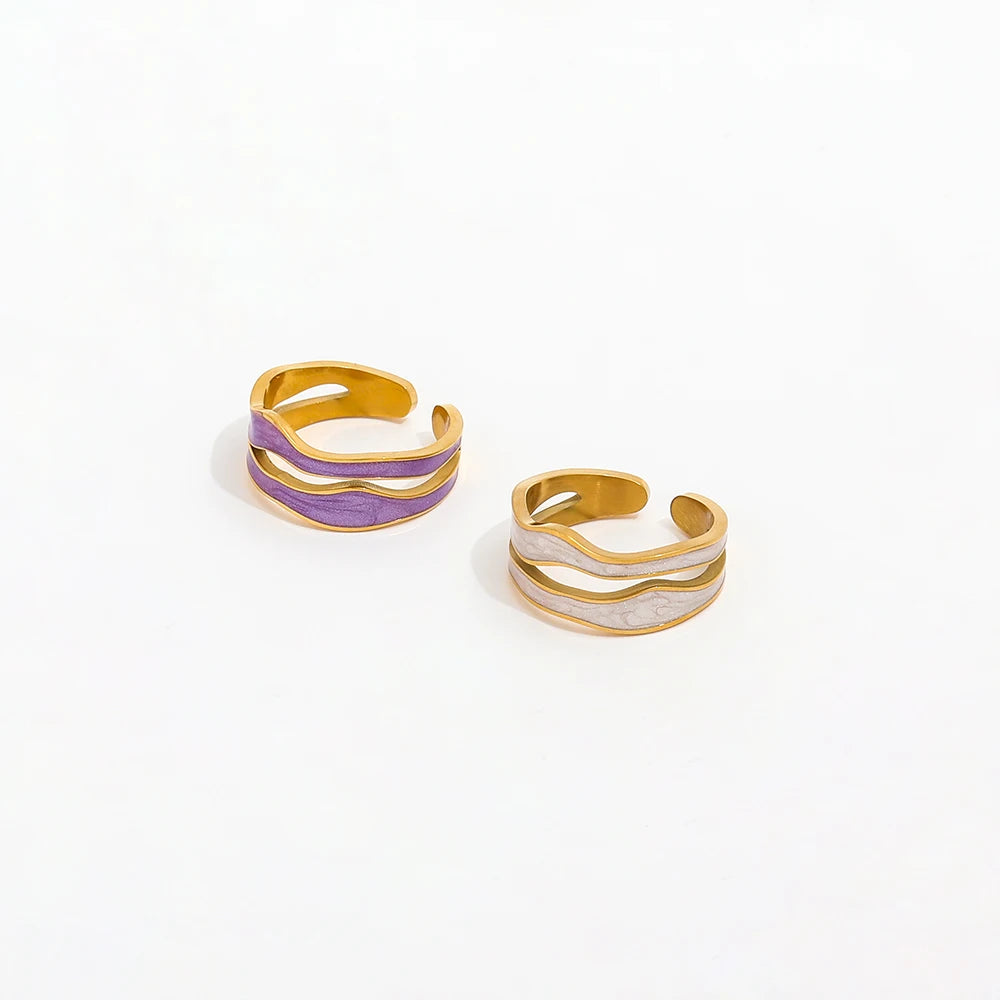 High End 18K PVD Gold Plated White Purple Enamel Double-layer Open Rings Stainless Steel Jewelry Women Gift