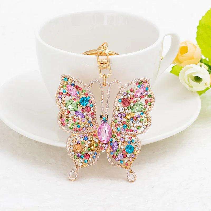 Fashion Bling Crystal Butterfly Car Key Chain Bag Accessory Girls Colorful Rhinestone Butterfly Keychain