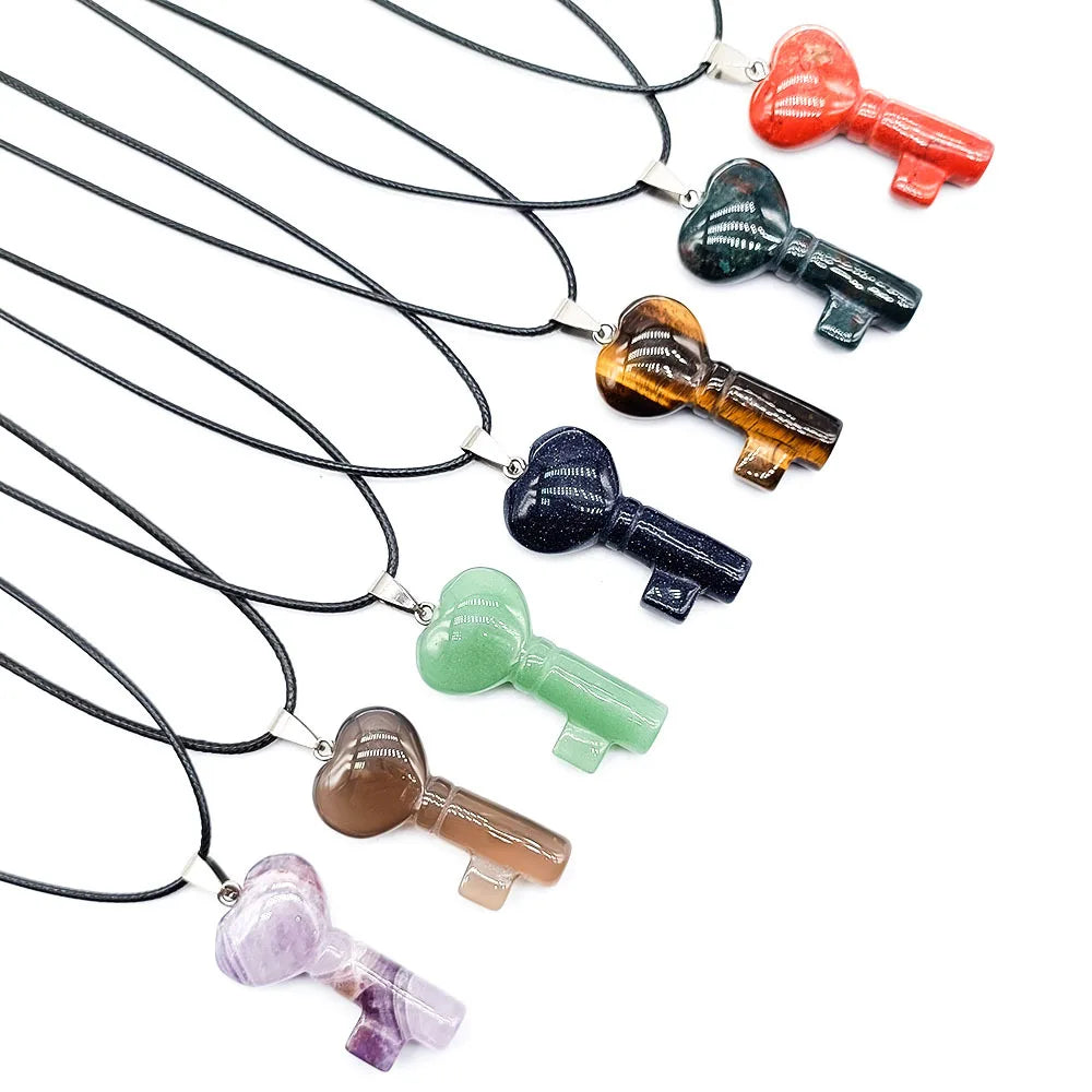 New Creativity Natural Stone Crystal Key Peach Heart Pendant Necklace Gemstone Jewelry Amethyst tiger Eye Pendant for Lovers
