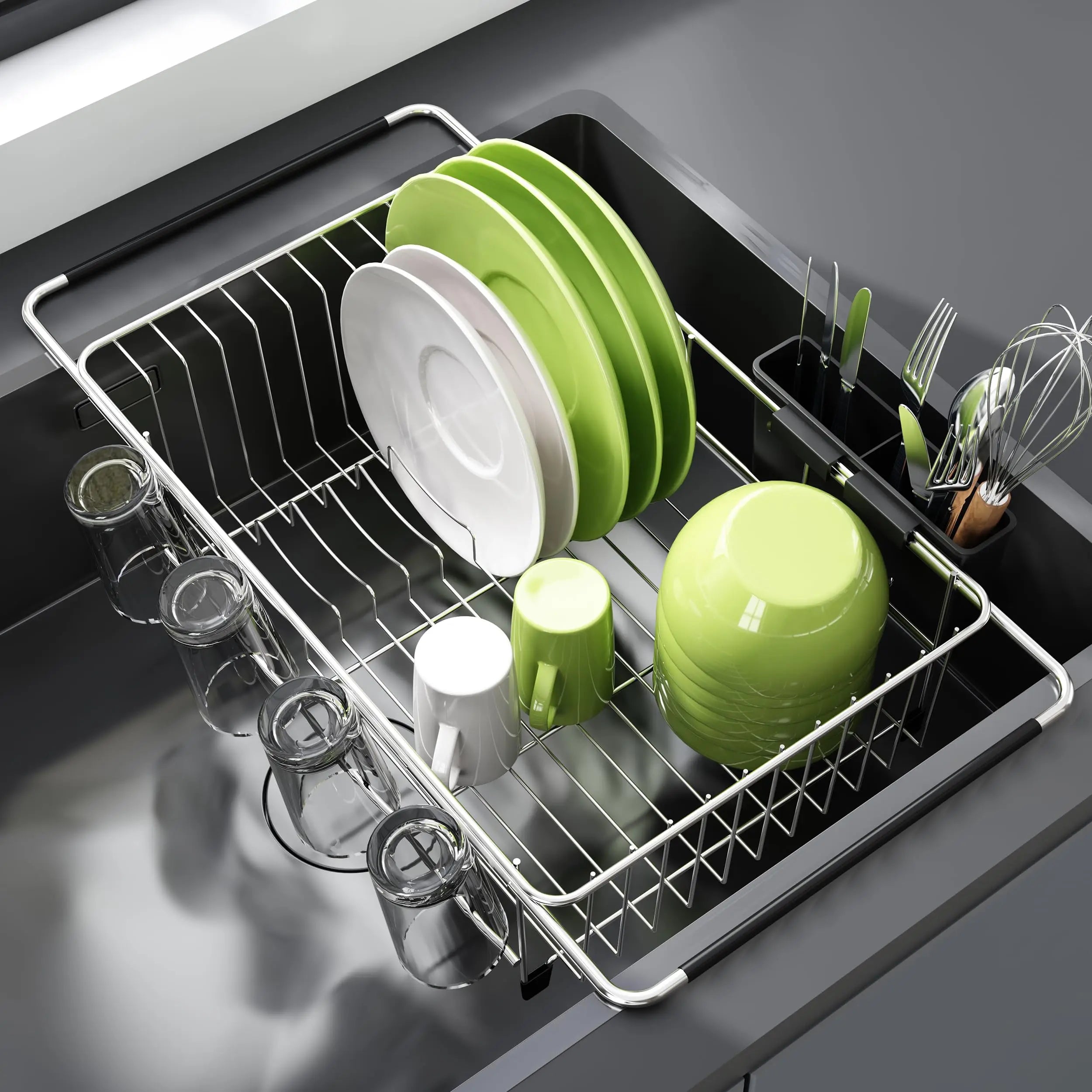 Factory Wholesale Kitchen Adjustable Expandable Retractable Sink Dish Drainer Drying Rack Basket With Utensil Holder