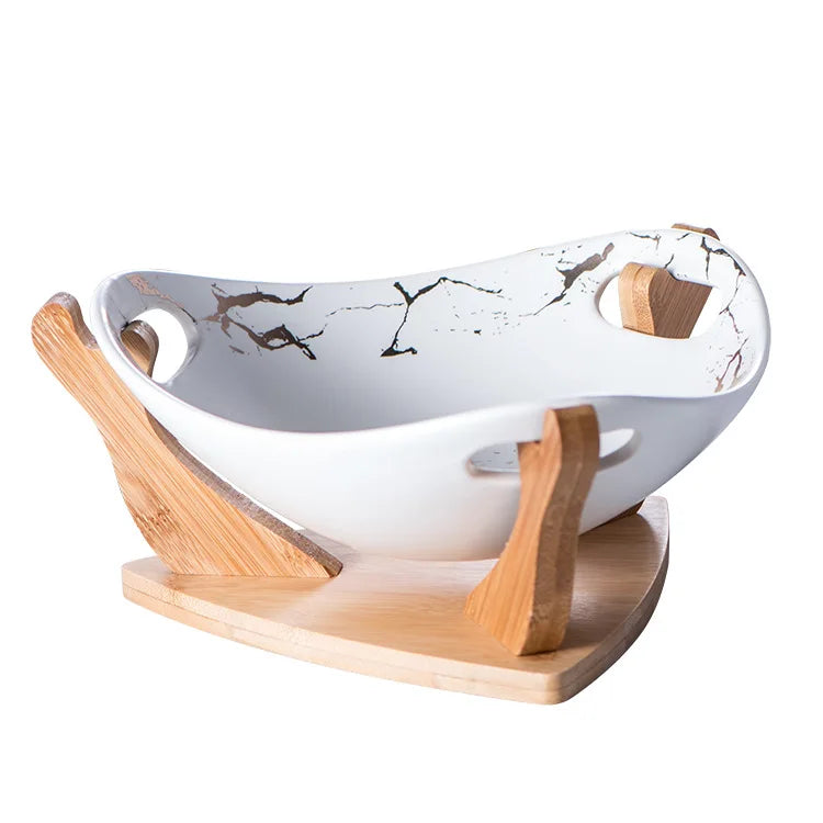 Marble Gold White Ceramic Fruit Salad Bowl Bamboo Stand Hotel Vegetable Bowl Kitchen Desktop Art Design Storage Dishes Plates