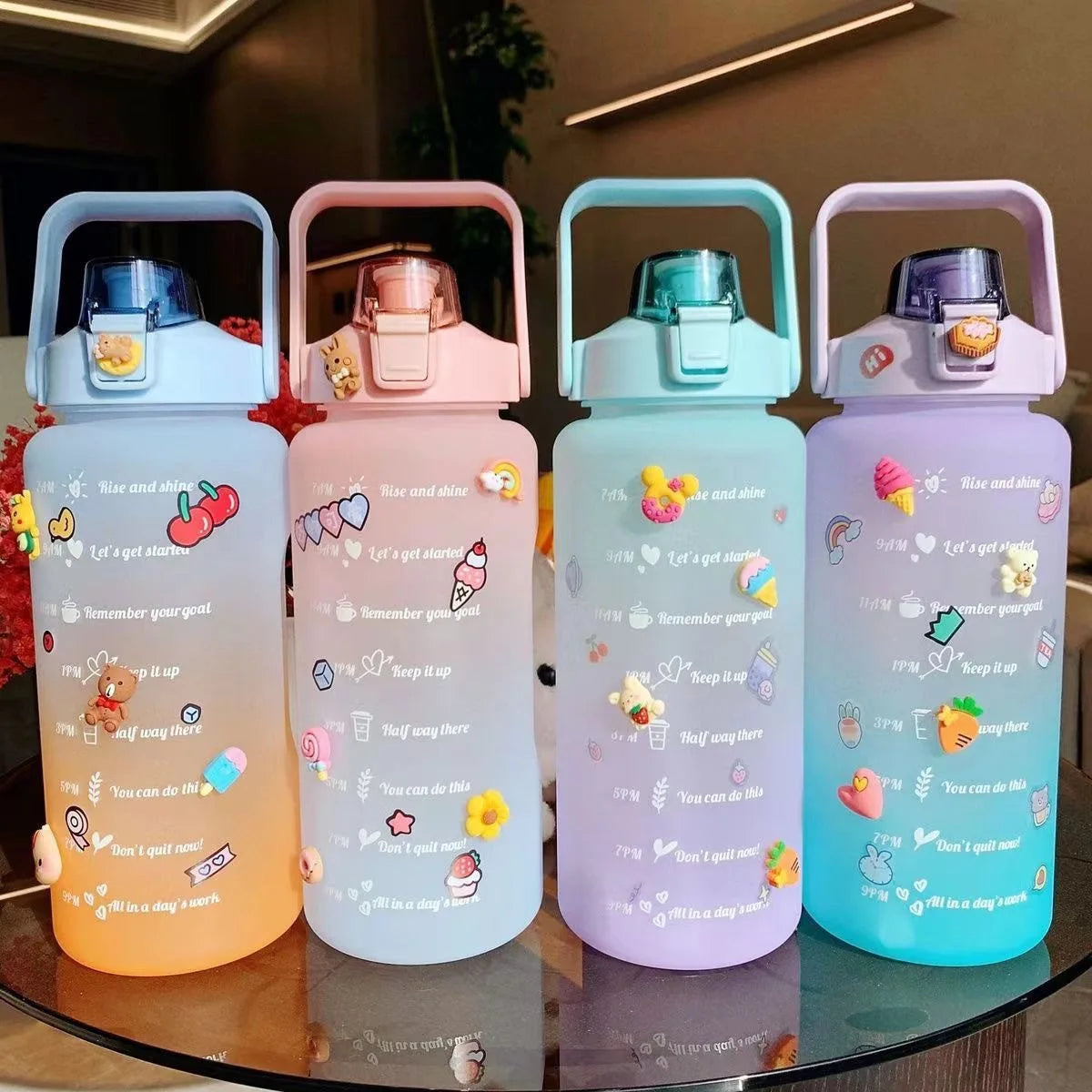 2L Large Capacity Plastic Drinking Bottle Large Capacity Sippy Cup Gym With Sticker Motivational Sports Water Bottle
