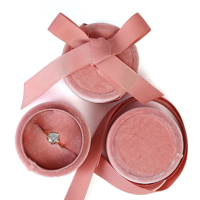 Hot Sale Ribbon Closed Padded Insert Cardboard Romantic Luxury Round pink Ring Pendant Velvet Boxes for Wedding Jewelry
