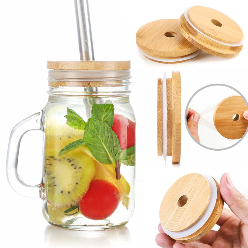Eco-Friendly Wide Mouth 16oz Boba Cup Glass Mason Jar With Bamboo Lid Straw Hole for Drink