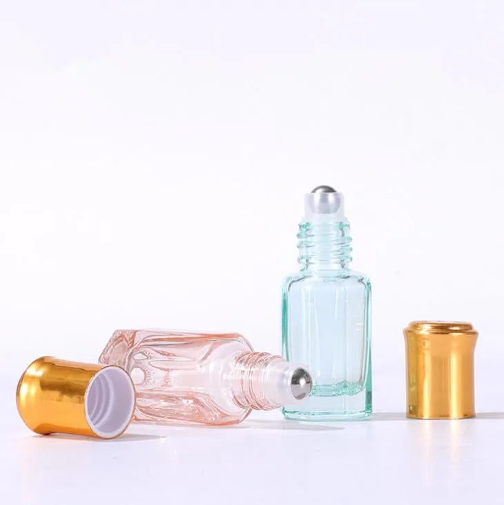 In Stock 3ml 6ml Octagonal Colorful Roll on Glass Bottle With Gold Cap for Essential Oil Perfume
