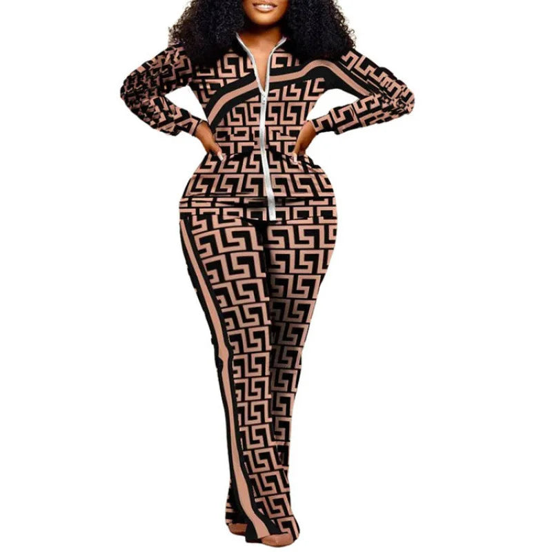 Spring Autumn Two Piece Sets Womens Geometric Print Zip up Top Coat & Pants Set Outifits Fashion Tracksuits Casual Elegant Suit