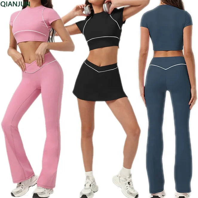 2025 New Fashion Gym Yoga 3-Piece Suit Quick Drying Fitness Wear Tight Fitting Short Top Suit