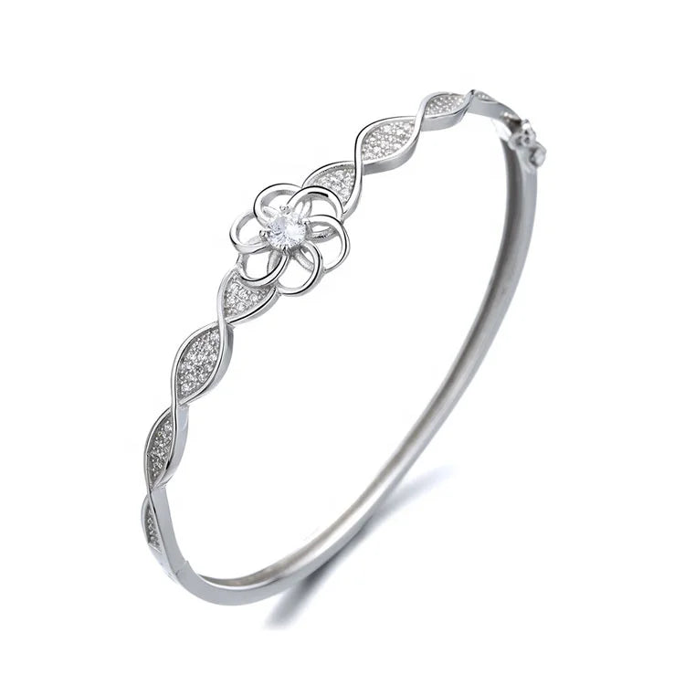 Yaeno 925 Sterling Silver Flower Charm Bangle Band Bracelet Gemstone Bangle for Women