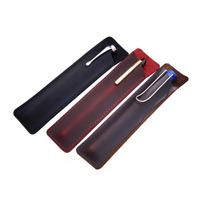 Custom Logo Pocket Single Pen Protector Pencil Pouch Sleeve Crazy Horse Genuine Leather Pen Case Holder Pouch for Single Pen