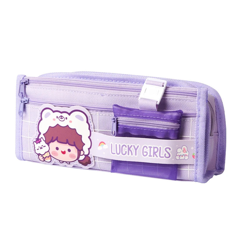 Cute Large Capacity Multi-Layer Cartoon Canvas Pencil Bag Soft Fabric Stationery Box with Zipper Closure Girl Heart for Students