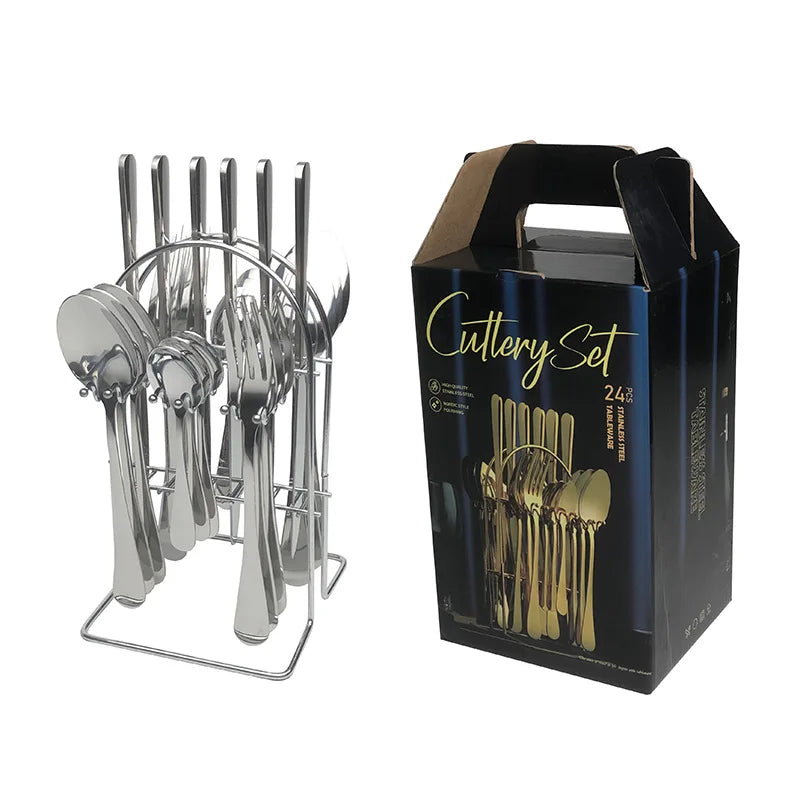 24pcs Stainless Steel Dinnerware Set with Stand Mirror Polish Flatware and Gift Silverware for Presenting