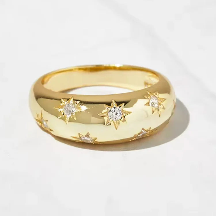Wholesale Custom Chunky Gold Plated Brass Starburst Dome Band Ring New Vintage North Stars Engagement Wedding Gift Party Promise