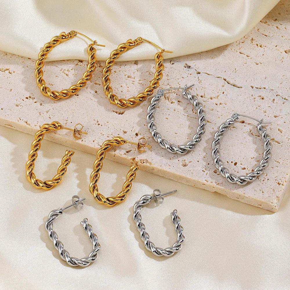 Punk 18K Gold Plated Link Chain Geometric Hoop Earrings Stainless Steel Twisted Chain C Shape Earrings for Women