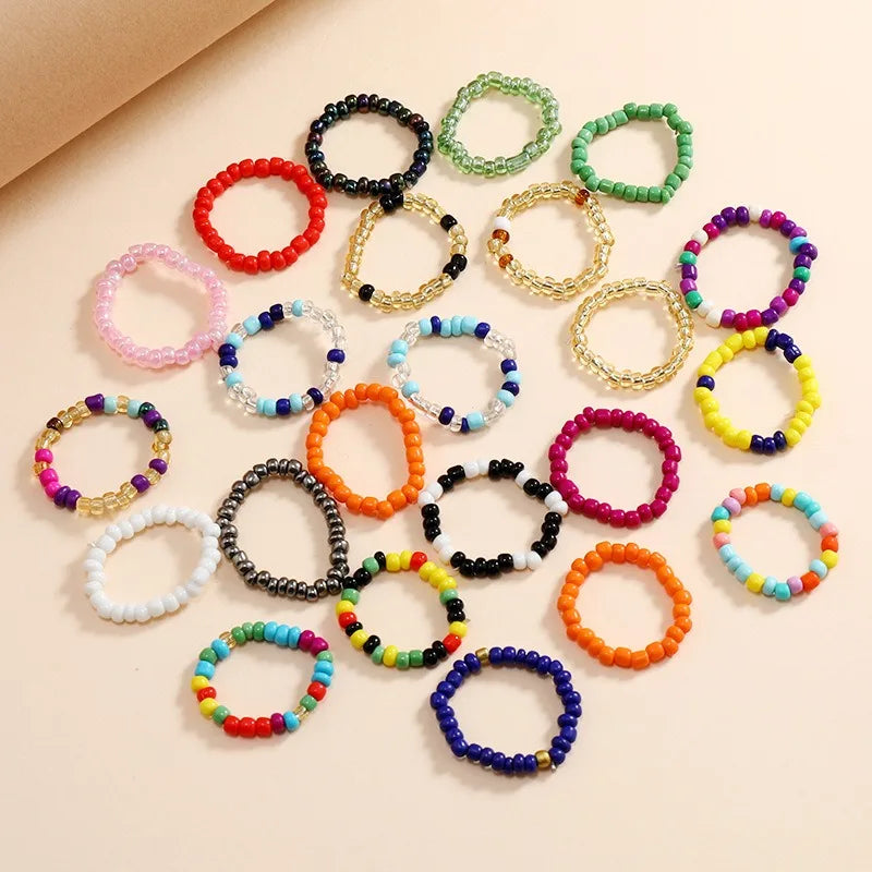Summer Boho Style Adjustable Stackable Women's Finger Rings Mini Rice Bead Elastic for Party Colorful Glass Seed Beaded Rings
