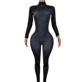 Fashion Long Sleeves Pole Dancer Outfits Night Club Bodysuits Slim Fit Rompers Women Leotard Sexy Crystal Rhinestone Jumpsuit