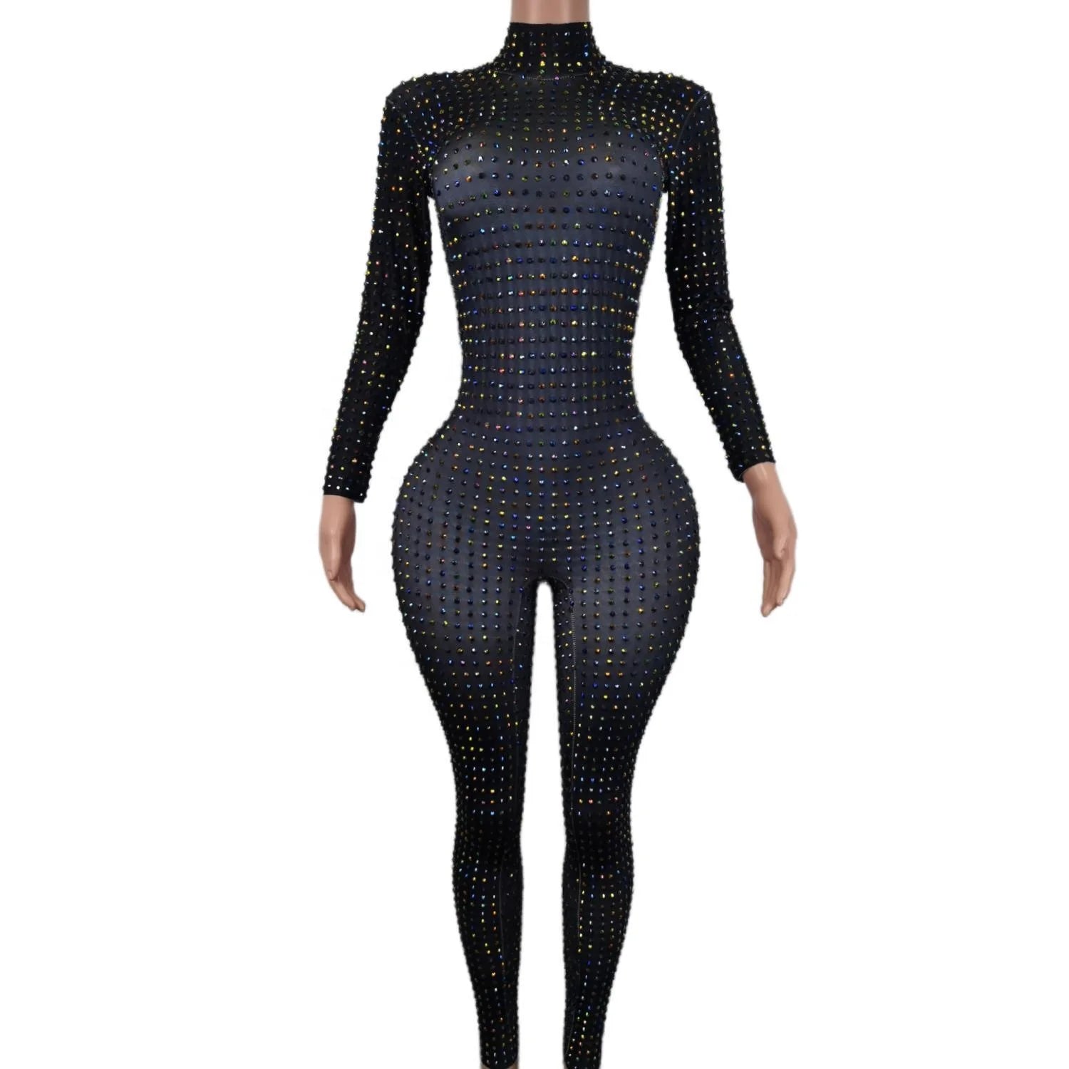 Fashion Long Sleeves Pole Dancer Outfits Night Club Bodysuits Slim Fit Rompers Women Leotard Sexy Crystal Rhinestone Jumpsuit