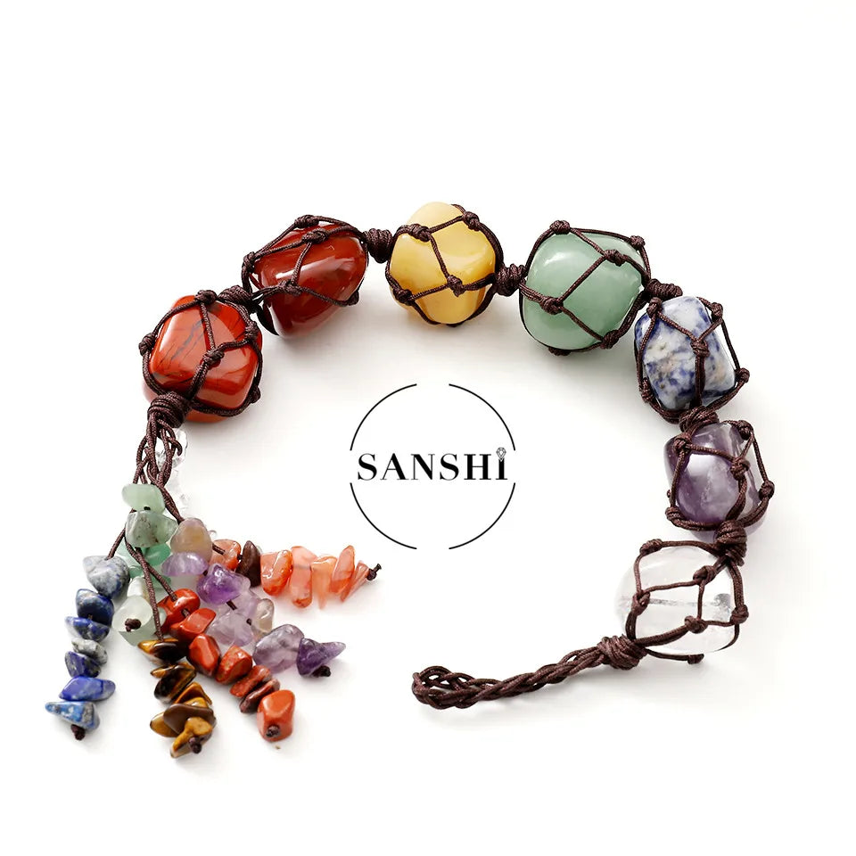 7-Chakra Feng Shui Wall Hanger Ornament Set Tumbled Semi-Precious Gemstones Tassels Window Hanging Crystals for Healing Decor