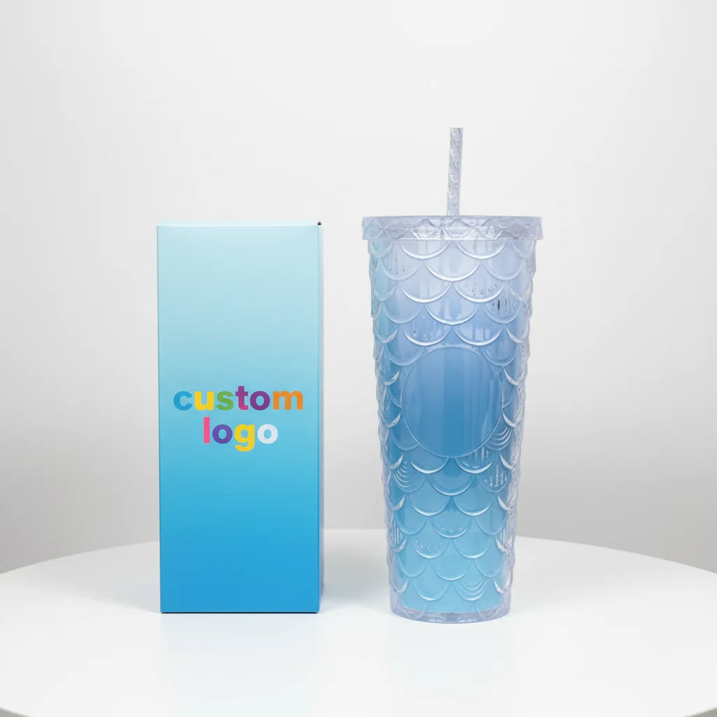 New Arrival Custom 24oz  Mermaid Scale Glitter Shimmer Double Wall Plastic Acrylic Tumbler With Straw and Lid