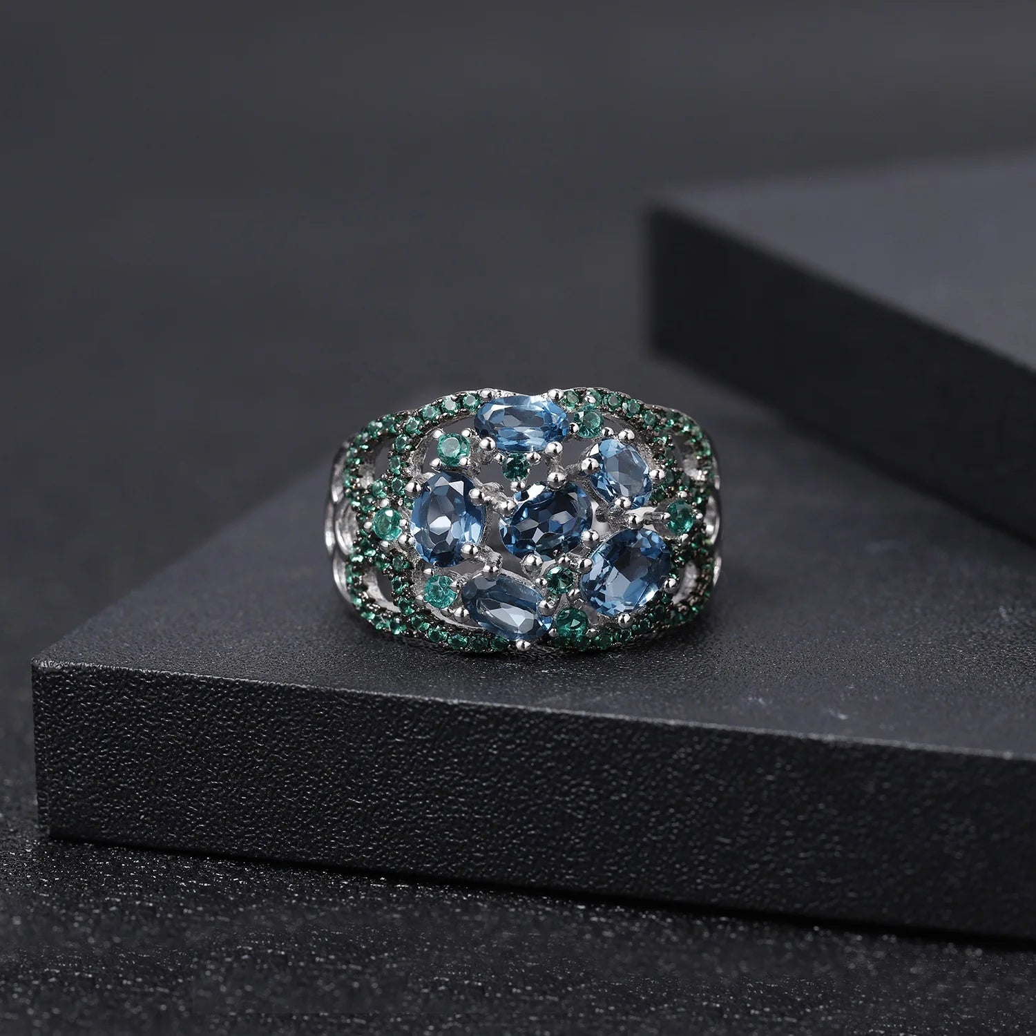 Abiding Natural London Blue Topaz Nano Emerald Green Unique Design Engagement Anniversary 925 Sterling Silver Ring for Women