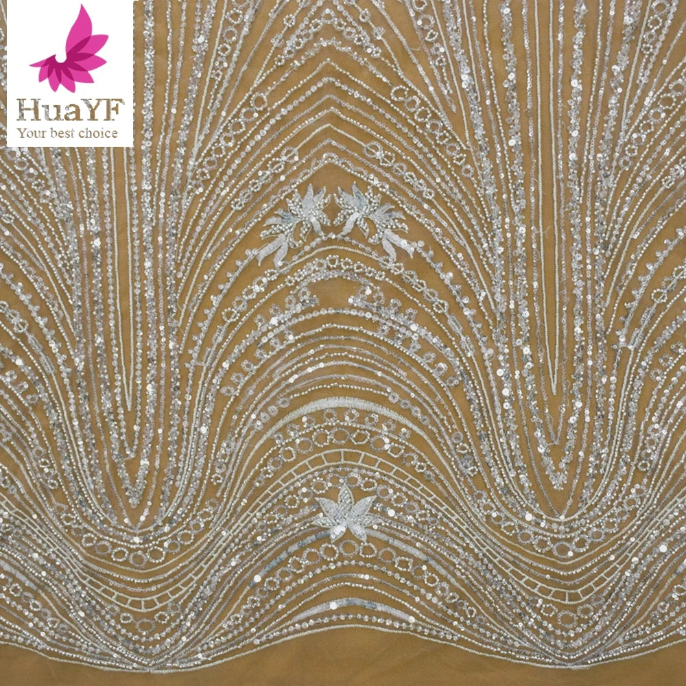 Good Quality French Sparkle Sequins Beaded Gauze Embroidery Dress Material Lace Fabric HY1846-4