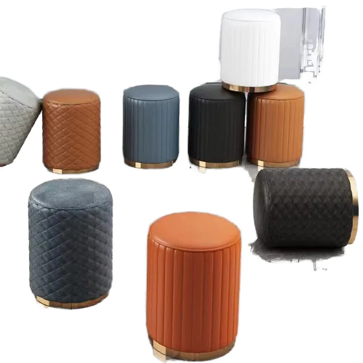 Wholesale Cheap Modern Fabric Pouf Bed End Chair Make up Stool Round Stainless Steel Ring Floor Ottoman Pouf