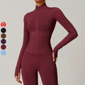 Custom Logo Seamless Women Slim Fit Full Zip up Yoga Long Sleeve Jacket Fitness Running Sportswear Thumb Hole Gym Tight Jacket