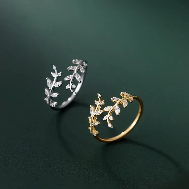 Cubic Zirconia Leaf Shape Adjustable Open 925 Sterling Silver 18K Gold Plated Finger Rings Fashion Jewelry for Women Girls