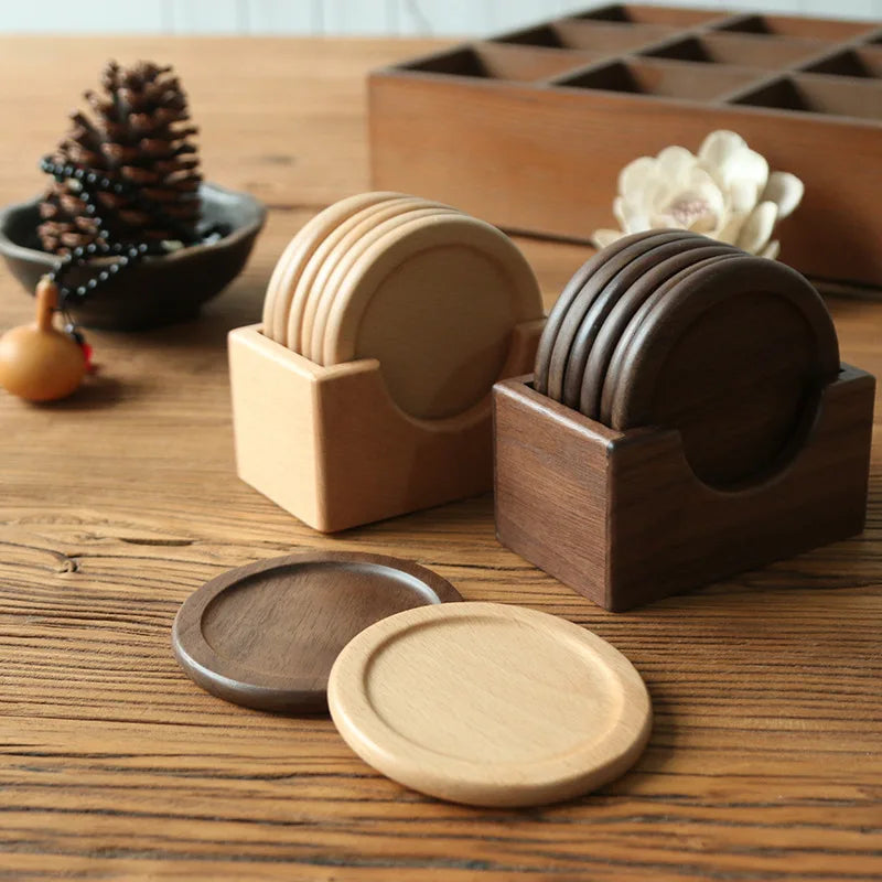 6 Pcs Walnut Beech Round Blanks Classic Eco-friendly Coffee Laser Cut Engraved Drink Set Wooden Coasters with Holder Custom Logo
