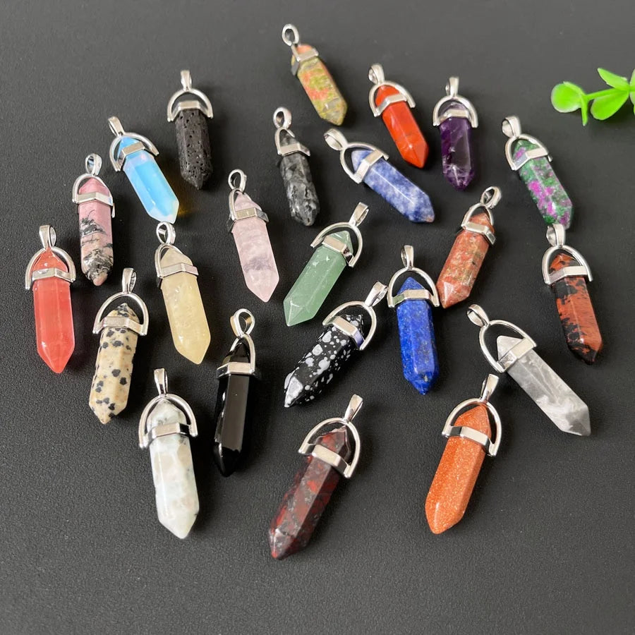 Wholesale Mixed Aura Quartz Natural Crystal Hexagon Point Double Pointed Necklace Pendant for DIY Jewelry Making