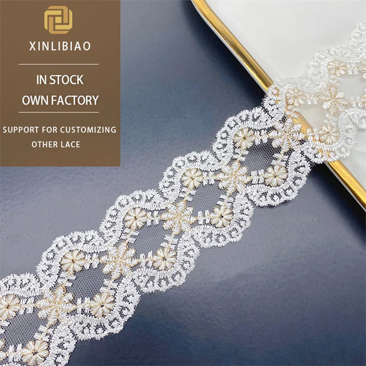 Gold Wire Embroidered Barcode Lace Metal Wire Mesh for Clothing & Skirt Accessories with Floral Beaded Decorations Tulle Fabric
