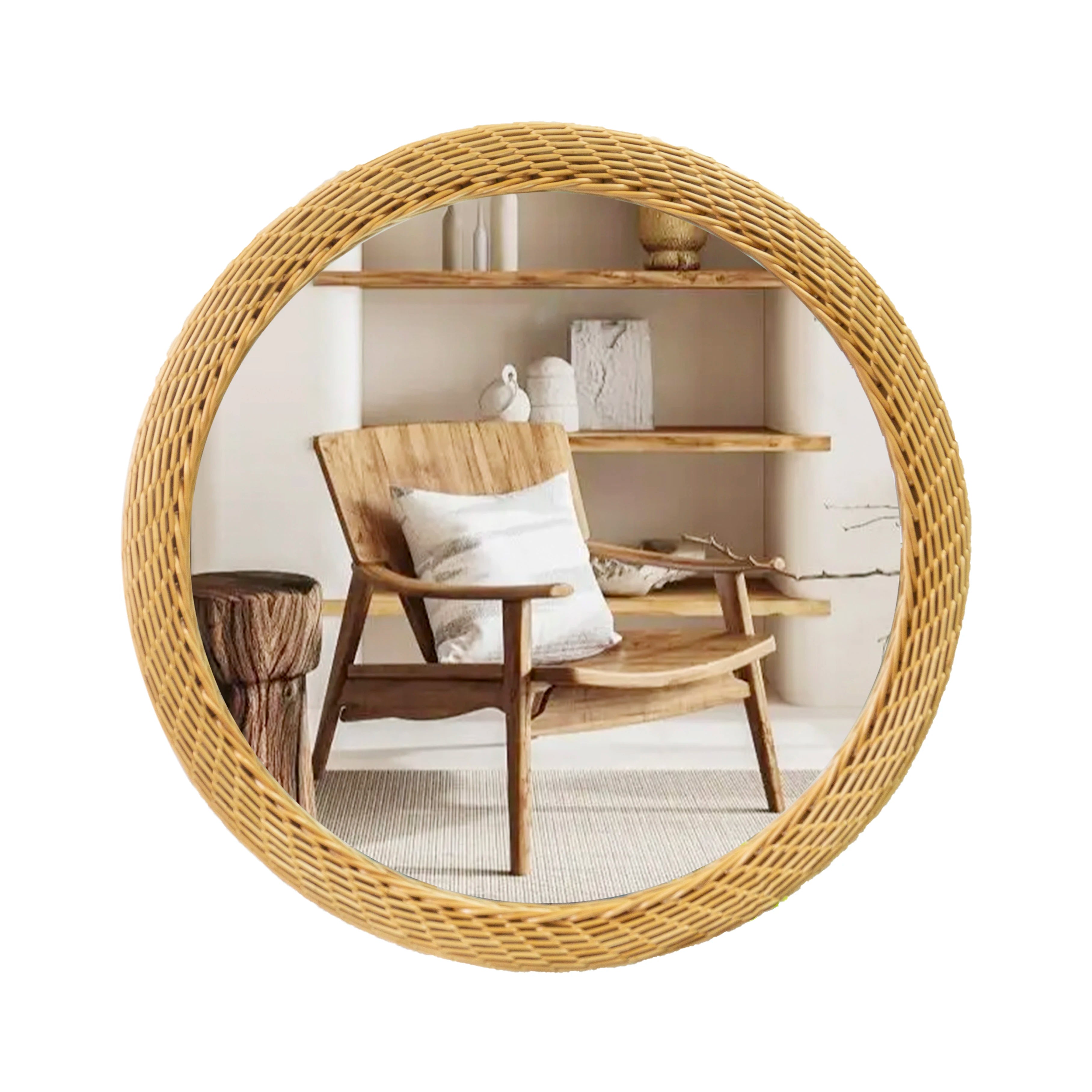 60cm Literary and Retro Style Handmade Rattan Mirror Home Home Wall Decoration Circular Pendant Hanging