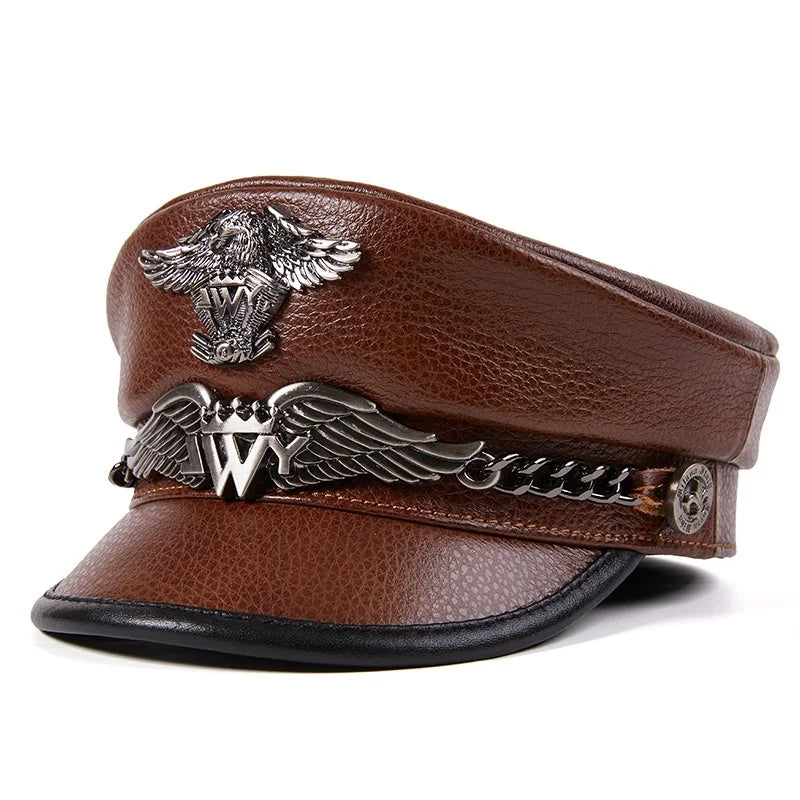 R068 Outdoor Leisure Fashion Cowhideskin Men Cap Flat Top Black Hats Leather Hat Style