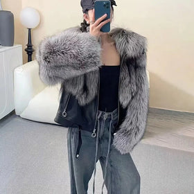 New Coming Leather Fur Coat Women Leather Coat With Fur Trim Winter Coat
