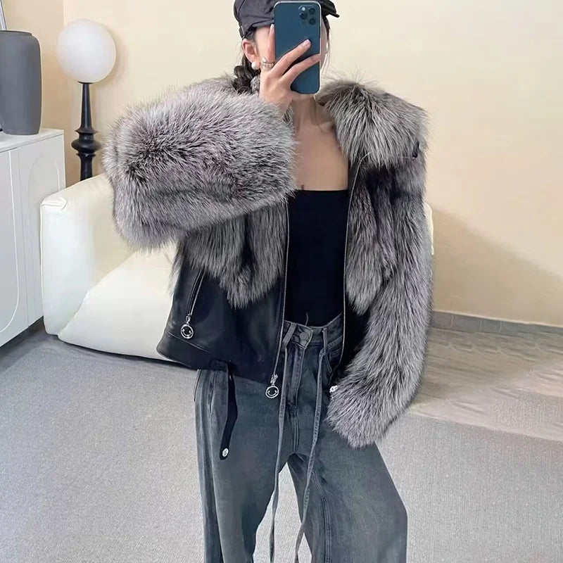New Coming Leather Fur Coat Women Leather Coat With Fur Trim Winter Coat