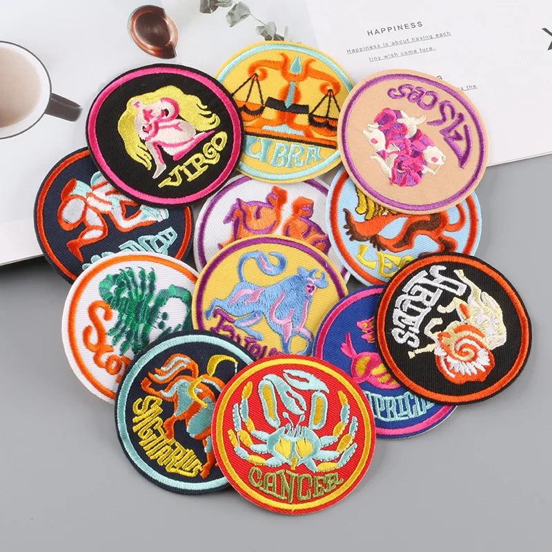 Round Zodiac Signs Twelve Constellation Nonwoven Felt 3D Iron-On Embroidered Colorful Badges Patches