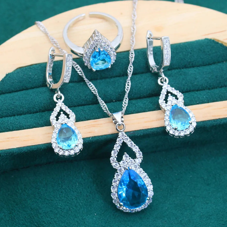Cubic Zirconia Jewelry Set Bridal Earrings Necklace Fashion Aquamarine Jewelry Set for Women Crystals