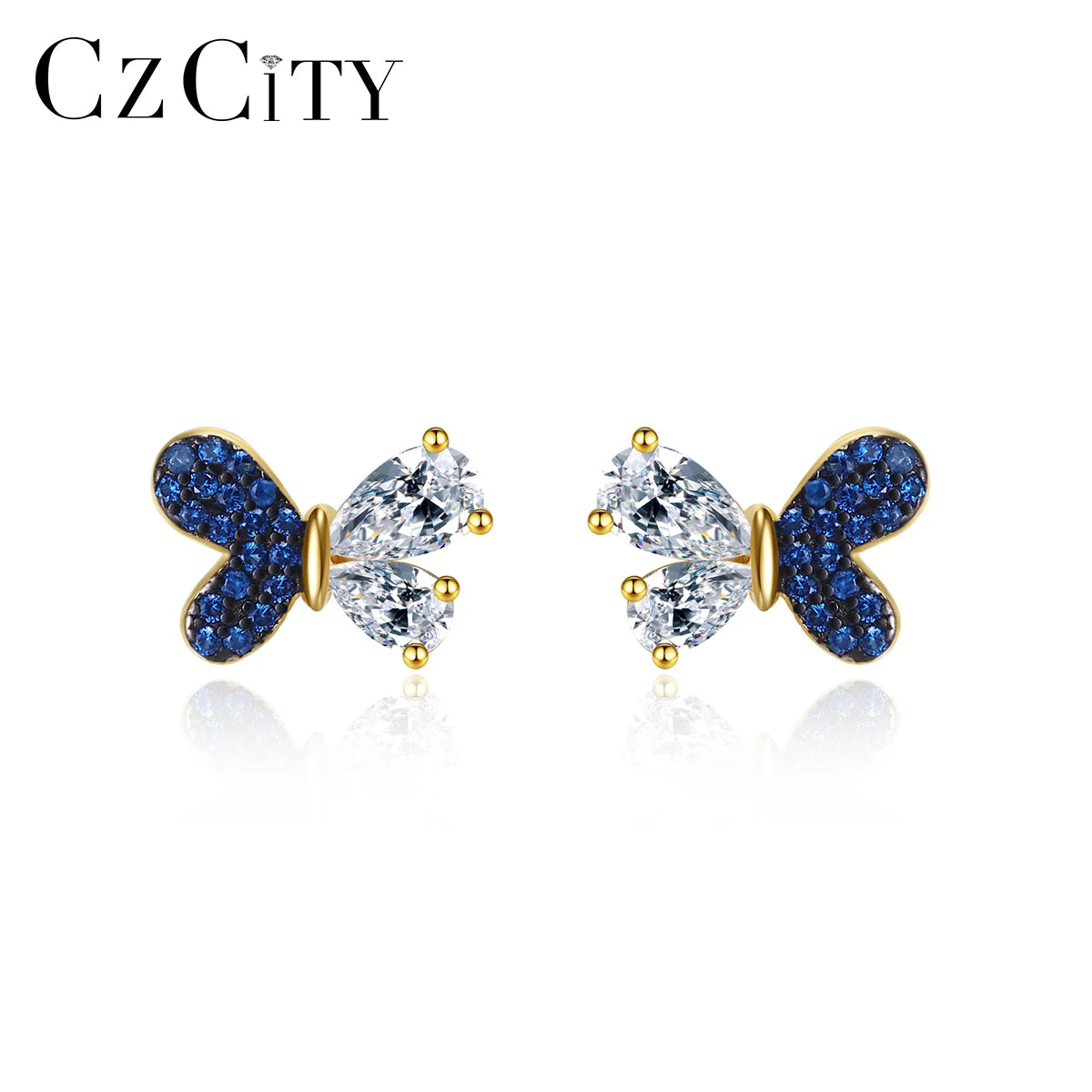 CZCITY Silver Modern Female Woman Trendy Small 925 Cute Fashion Jewelry Blue Butterfly Stud Earrings
