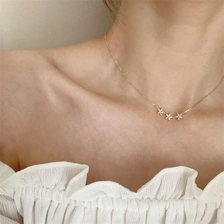 SP Dianty S925 Sterling Silver 14K Gold Zircon Flower Choker 925 Silver Necklace
