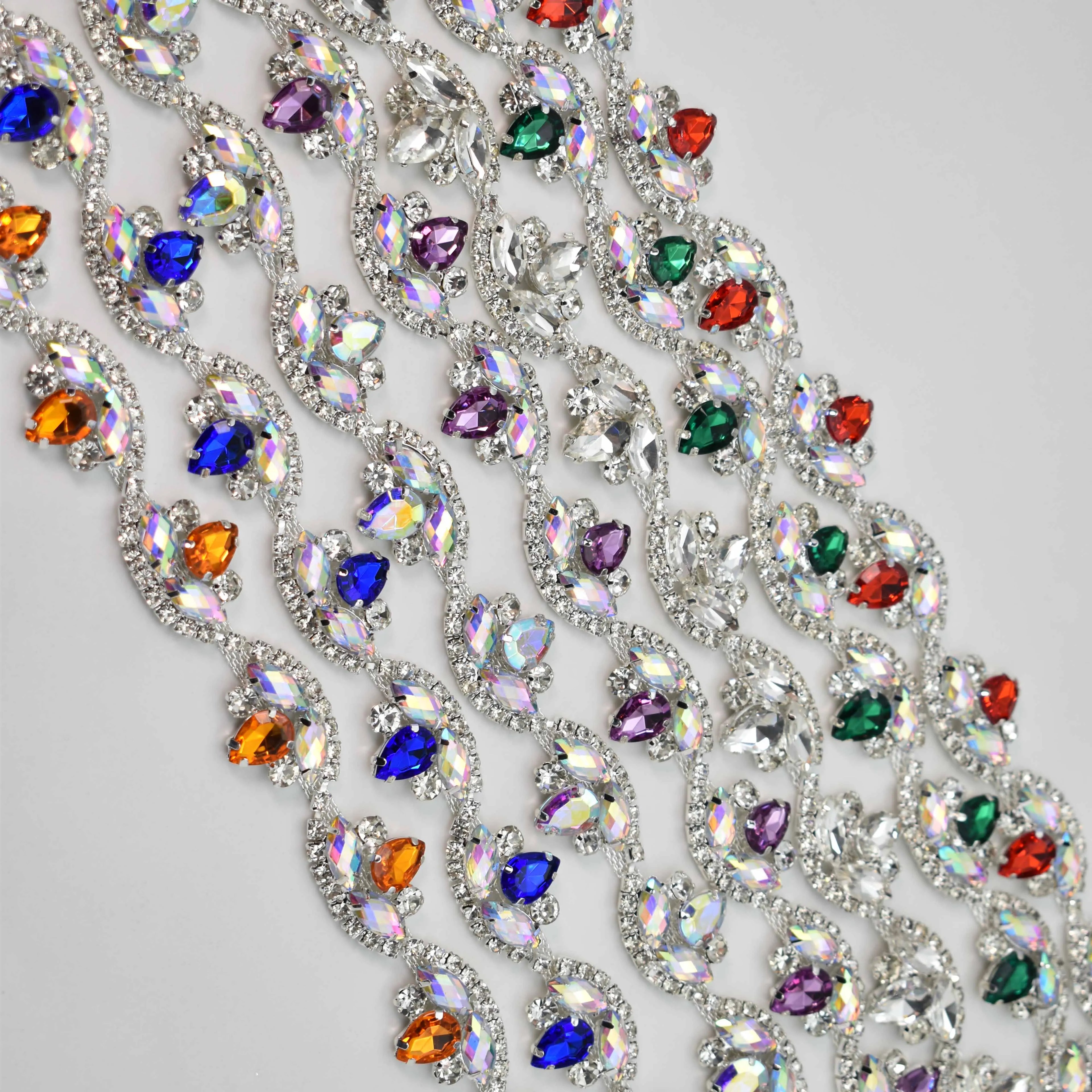 JFRC016 Colorful Acrylic Rhinestone Flower Chain Crystal Trim by the Yard Sew on Dress Belt Wedding Cake Garment Decoration Acce