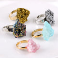Gold Plated Personalized Agate Druzy Ring Fashion Adjustable Open Rainbow Raw Rose Quartz Ring