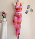STOCK Print Swimwear and Skirt Set V-NECK Popular 3Pieces Swimwear Beach Skirt CoverUp S-XL