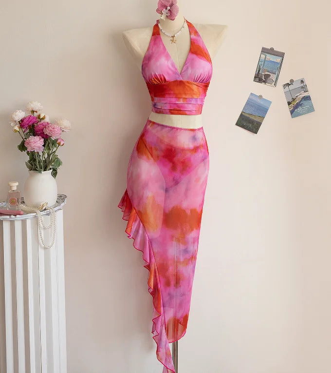 STOCK Print Swimwear and Skirt Set V-NECK Popular 3Pieces Swimwear Beach Skirt CoverUp S-XL