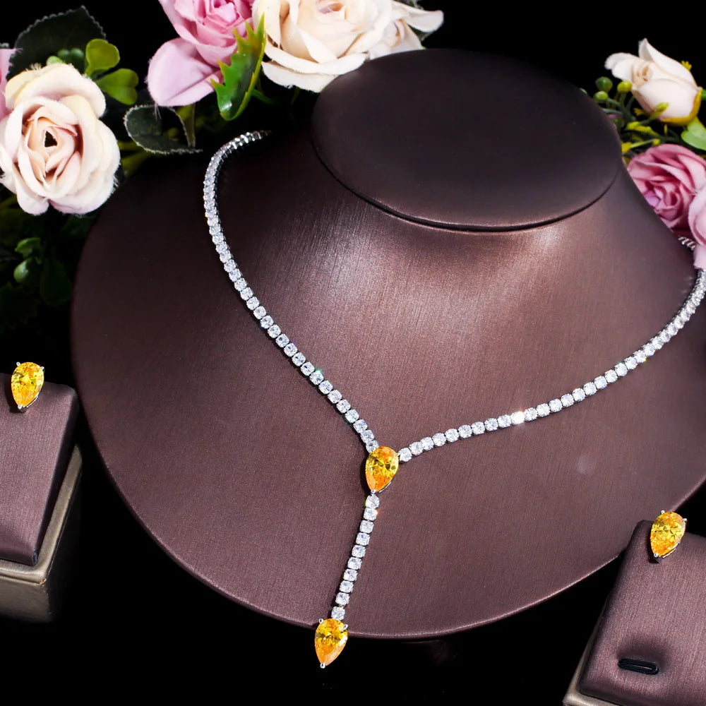 Yellow Water Drop Cubic Zircon Women Evening Party Costume Necklace and Earrings Wedding Jewelry Sets for Brides
