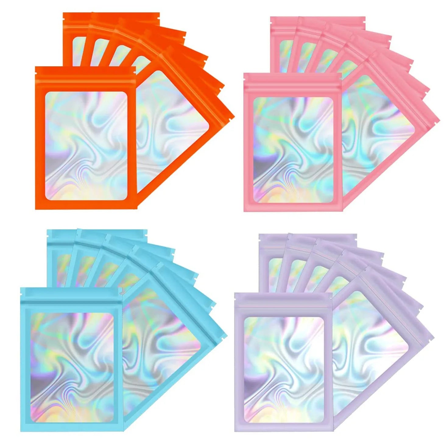 Wholesale Custom Logo Gradient Holographic Plastic Zipper Resealable Bags Clear Window Makeup Packaging Pouch for Jewelry