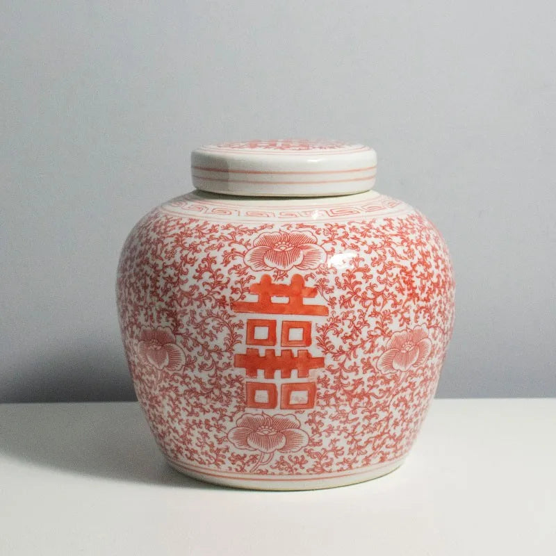 Red Chinese Decorations Ceramic Bottle Jars