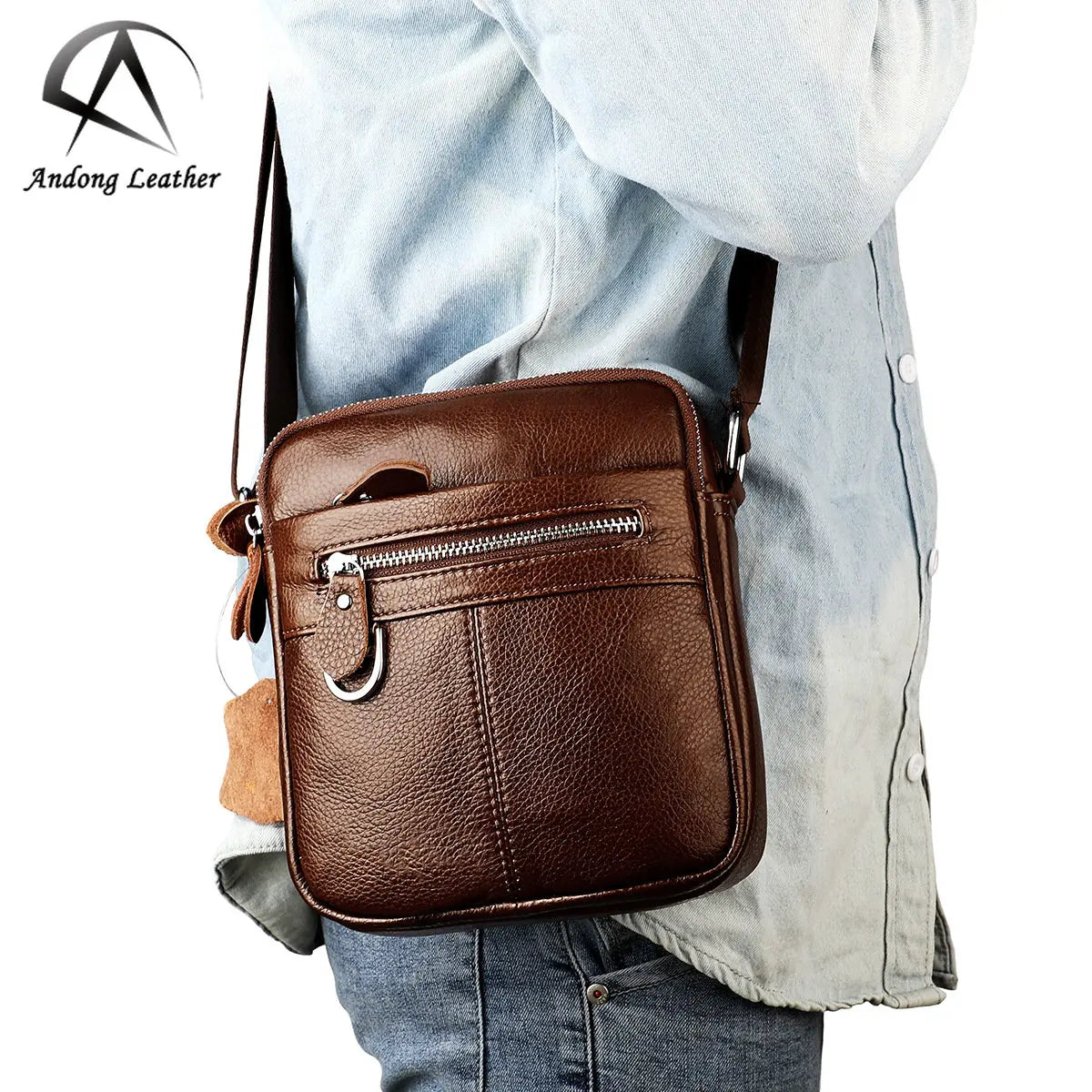 Andong Leather Shoulder Bag for Men Genuine Cow Leather Business Messenger Bag Adjustable Shoulder Strap Fashion Crossbody Bag