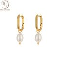 Fashion Boho Freshwater Pearl Drop Earrings Wedding Jewelry Stainless Steel 18K Gold White Pearl Hoop Earring
