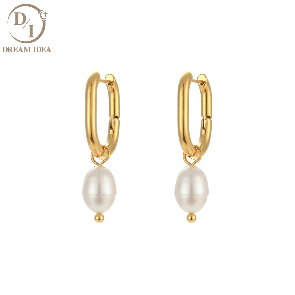 Fashion Boho Freshwater Pearl Drop Earrings Wedding Jewelry Stainless Steel 18K Gold White Pearl Hoop Earring