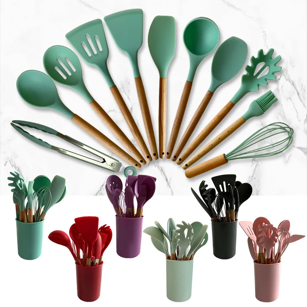 Kitchen Accessories Cooking Tools Silicone Kitchen Utensil Set of 11 Pieces with Storage Bucket Color Box