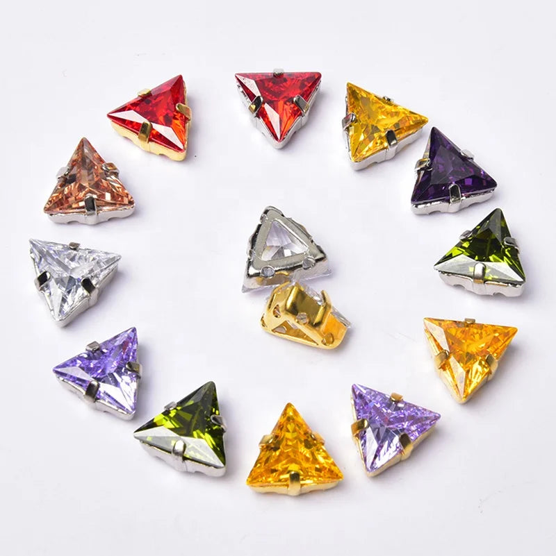 10mm Glitter Zircon Triangle Crystal with Gold/Silver Claw Hand Sewing Technique Rhinestone for Wedding Dress Shoes Neckline